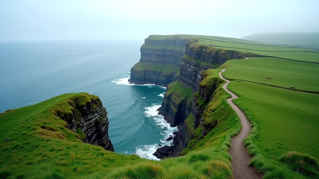 Aerial view of dramatic coastal cliffs with green grassy headlands, winding footpath visible, Atlantic Ocean below with white waves, bright overcast sky