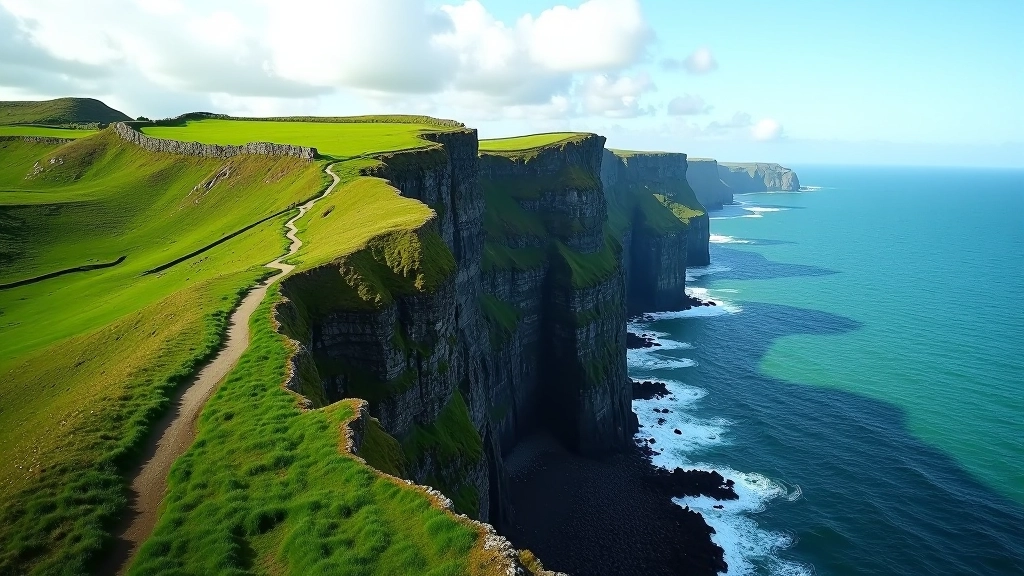 Scenic Irish coastal cliffs with walking trails winding through green landscape