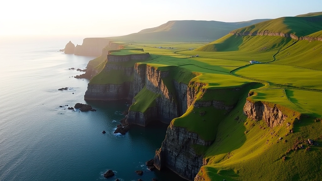 Scenic Irish coastal landscape with rolling hills and ocean
