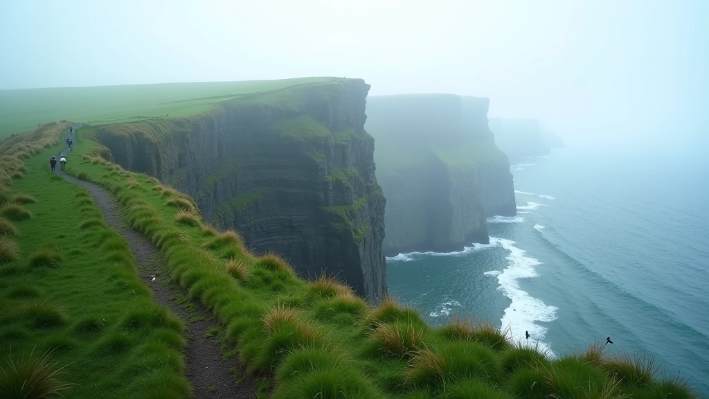 Dramatic coastal cliffs with walking path along the edge, misty conditions, green hillside