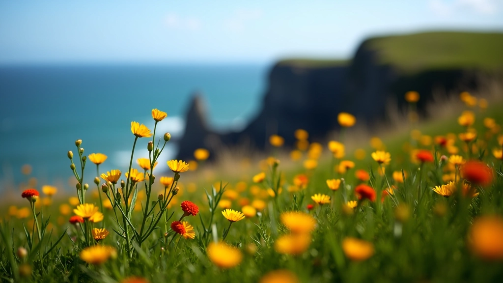 Spring wildflowers blooming on clifftop, grass dotted with yellow and purple flowers, ocean horizon, bright conditions