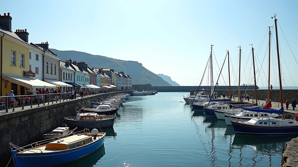Howth harbor with fishing boats moored, colorful buildings and cafes along waterfront, people walking, bright sunny day, clear water