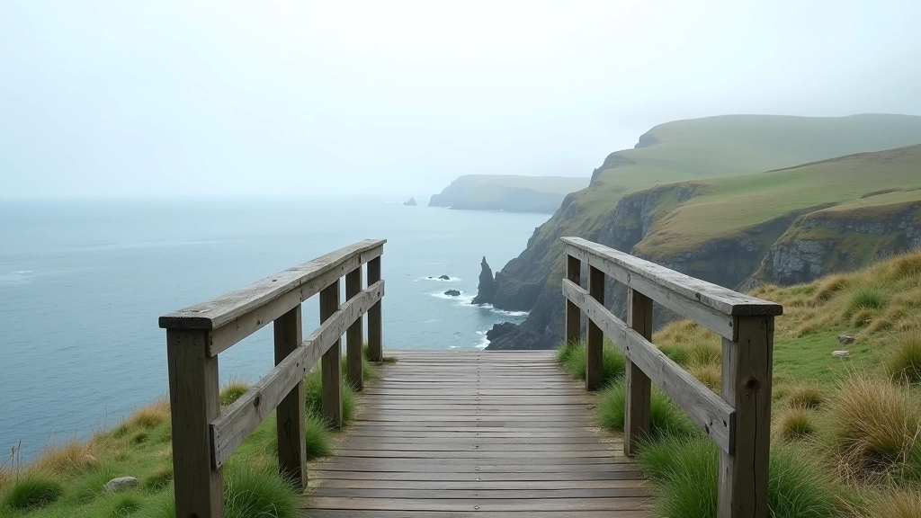 Wooden viewing platform or bench on clifftop overlooking bay with multiple islands visible, calm water, overcast sky, coastal landscape