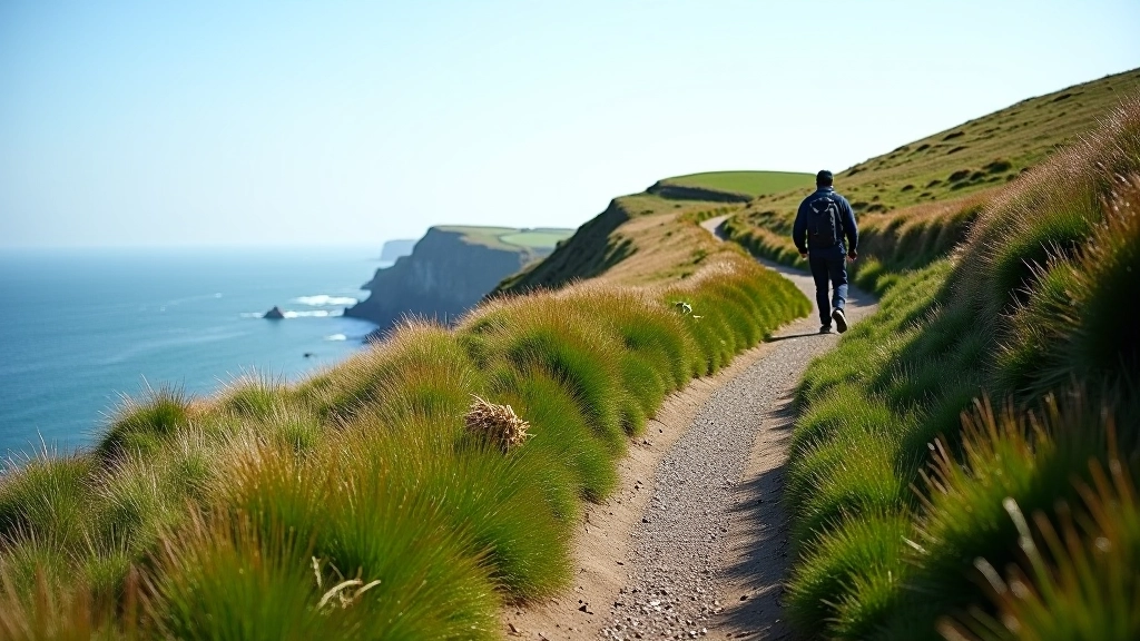 Coastal trail path with grass edges winding along clifftop, sea visible below, lighthouse structure in distance, bright sunny conditions