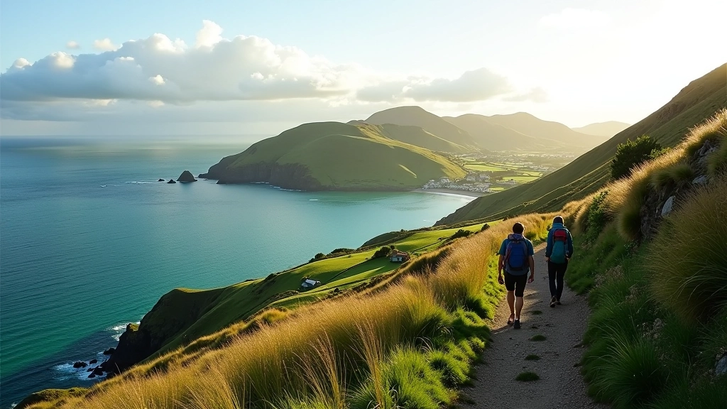 Coastal path along Dingle Peninsula with rolling green hills and ocean views