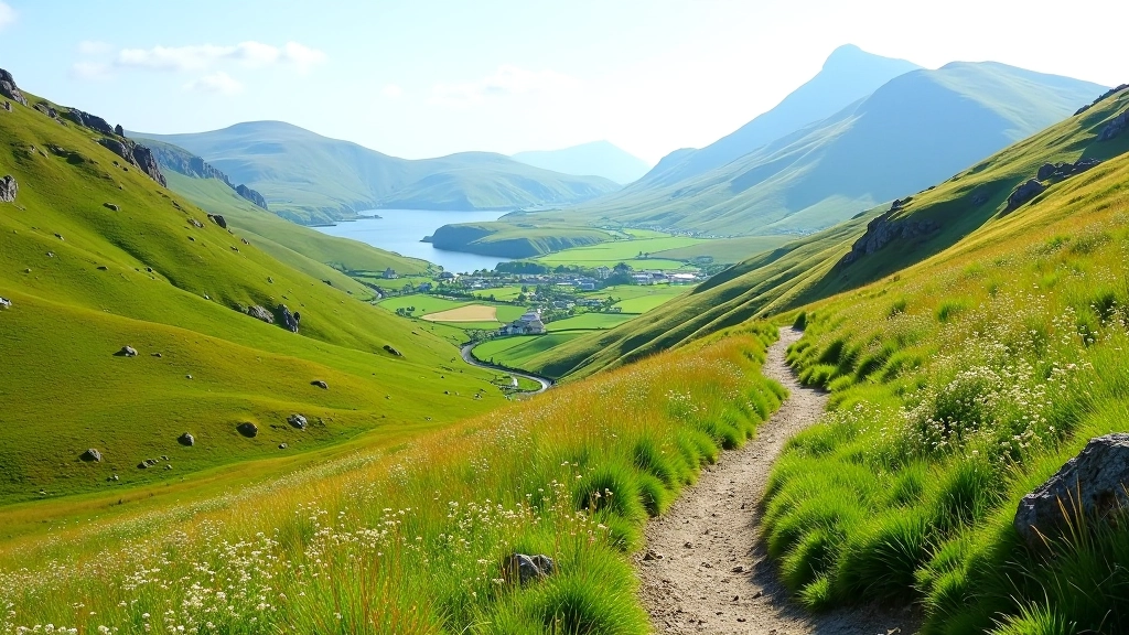 Mountain valley with walking path, wildflowers on slopes, distant peaks under blue sky