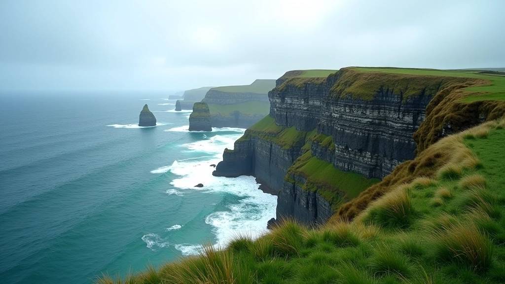 Dramatic sea cliffs with green grassy slopes and Atlantic Ocean waves below under cloudy sky