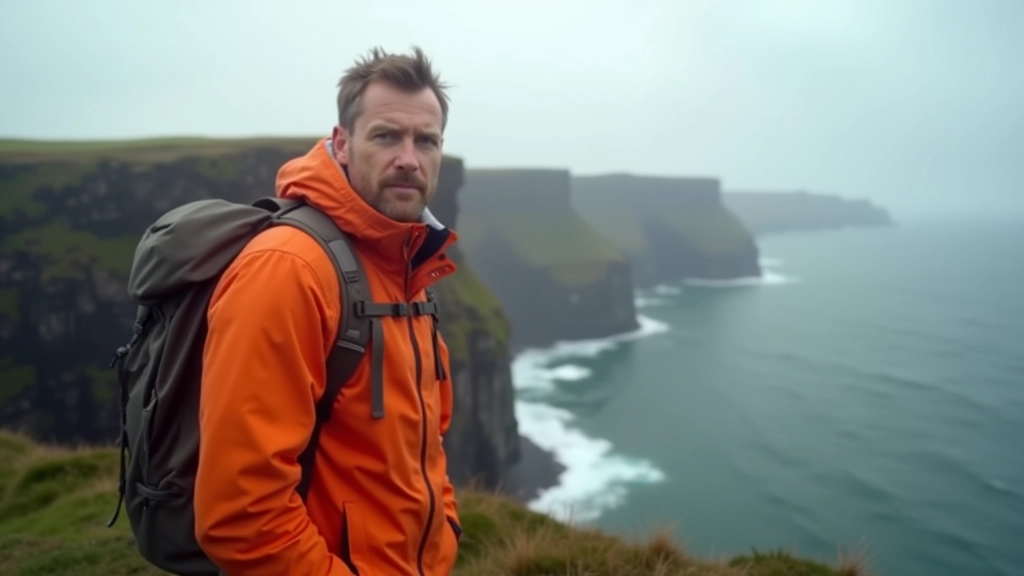 Hiker wearing colorful jacket standing on grassy cliff top, looking out toward ocean horizon, backpack visible, coastal landscape in background, bright overcast sky