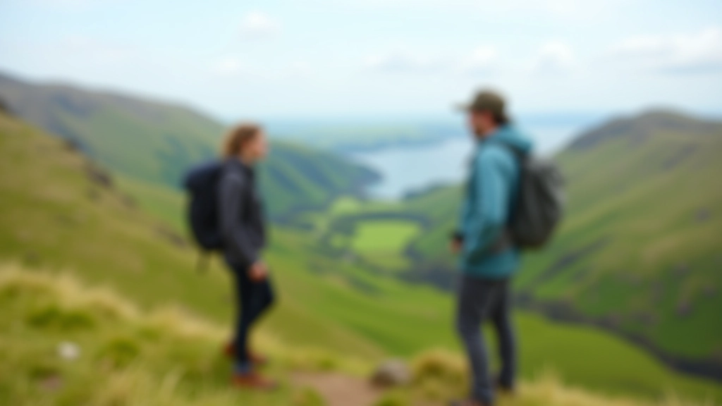 Hiker enjoying panoramic views from Irish mountain ridge