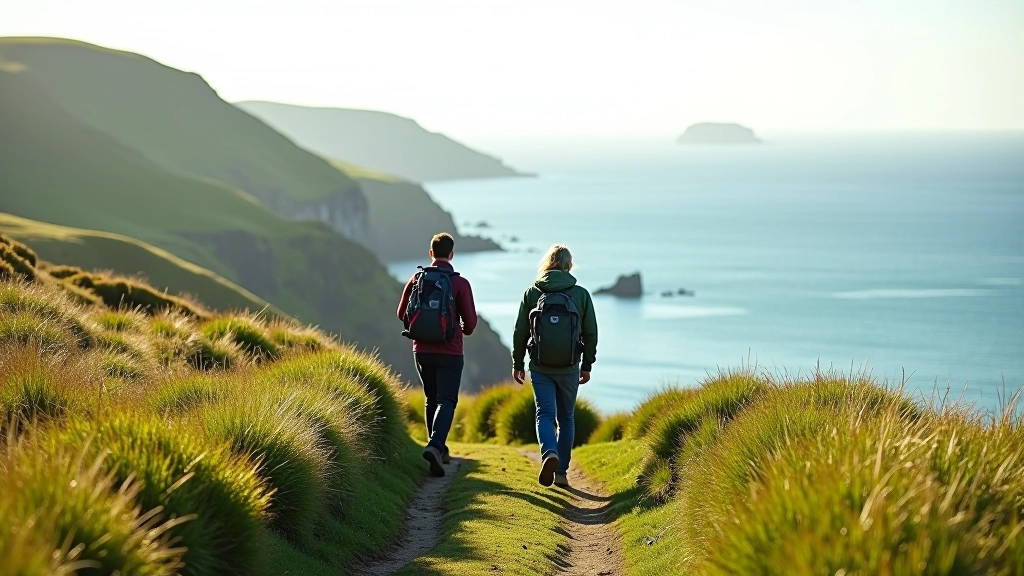 Hikers on coastal trail with expansive bay view, green hills descending to water, clear sky, distant islands on horizon