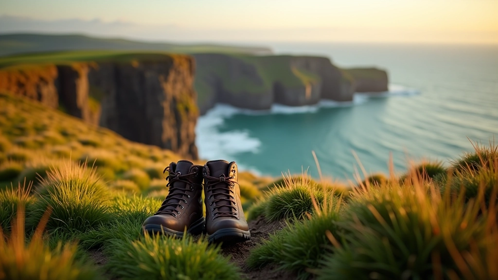 Coastal path with rocky terrain, turquoise ocean water visible below, grass-covered cliffs in foreground, hiking boots on trail