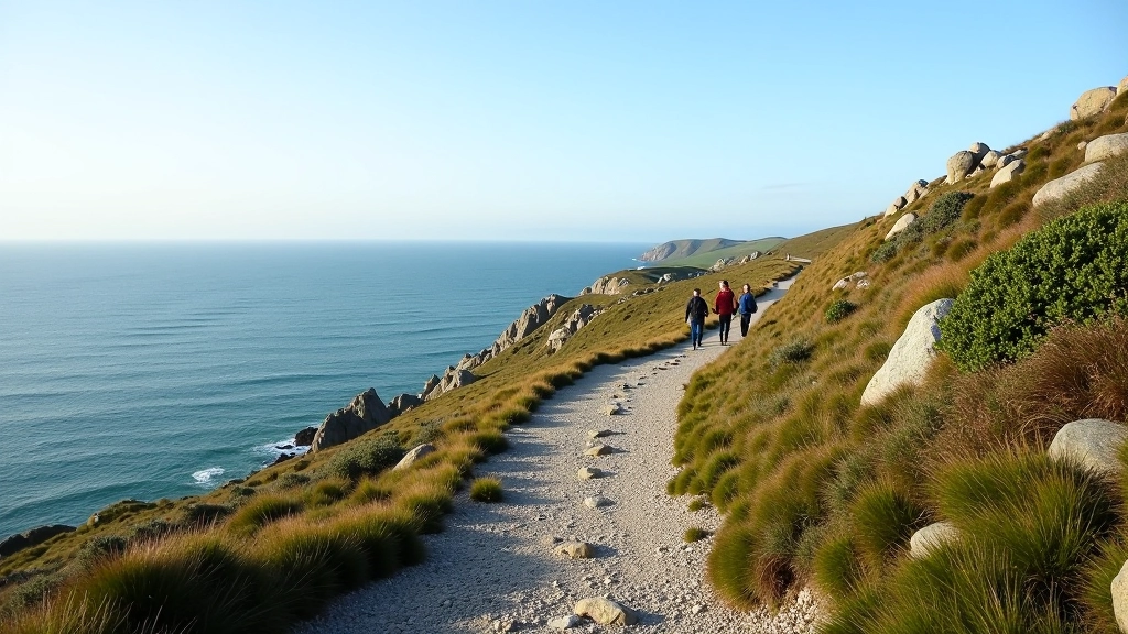 Rocky coastal headland with hiking trail visible, Dublin Bay in background, bright daylight
