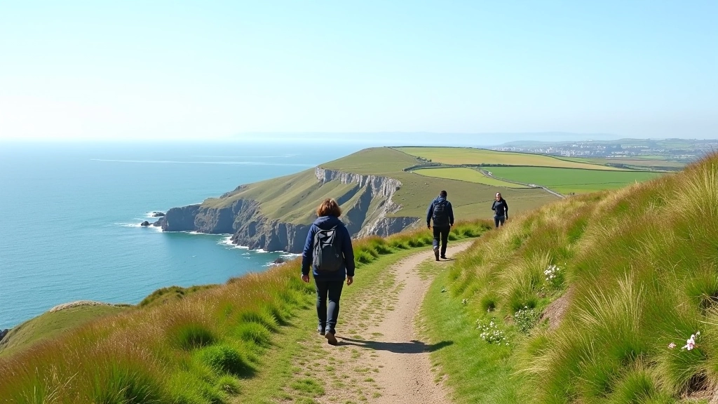 Coastal walking path with Dublin in distance, sea views, rocky headland with green slopes