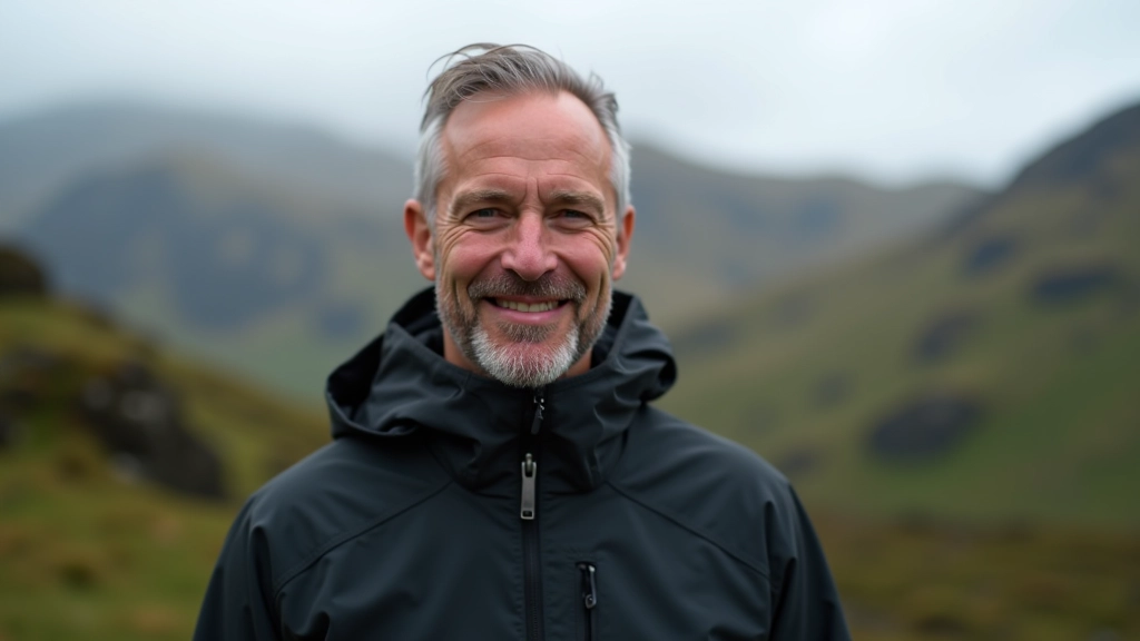 Professional photo of experienced hiking guide, portrait from chest up, confident smile, outdoor background