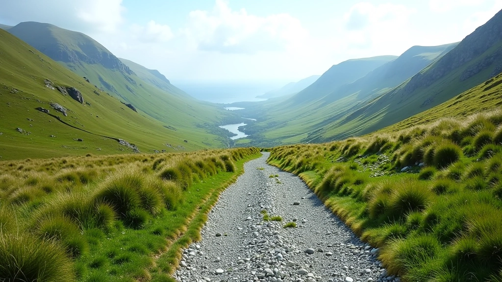 Mountain pass trail with rolling green hills on both sides, rocky path surface, distant valley below, clear weather
