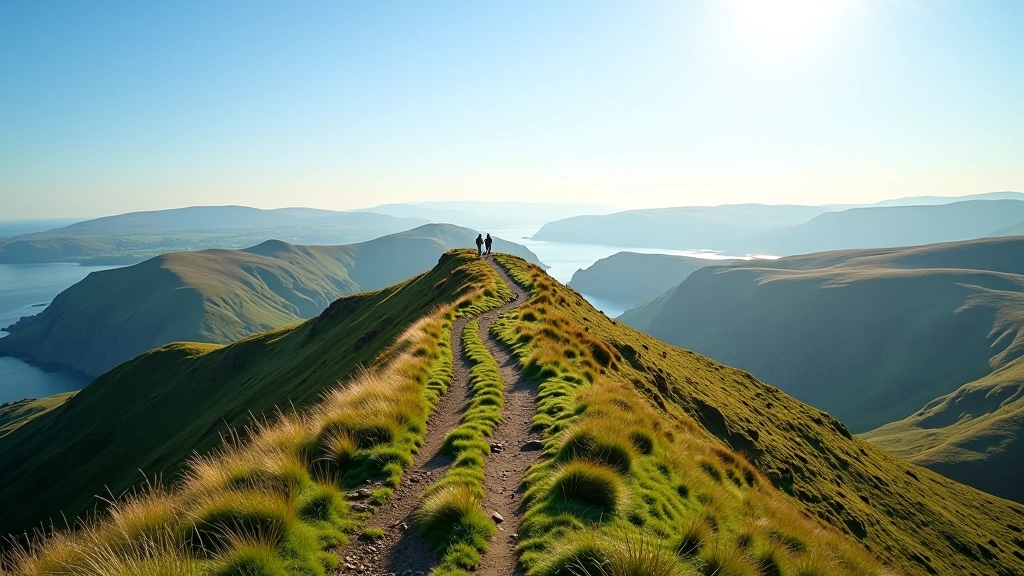 Sunny mountain ridge with clear blue sky, green vegetation, distant valley views, warm afternoon light