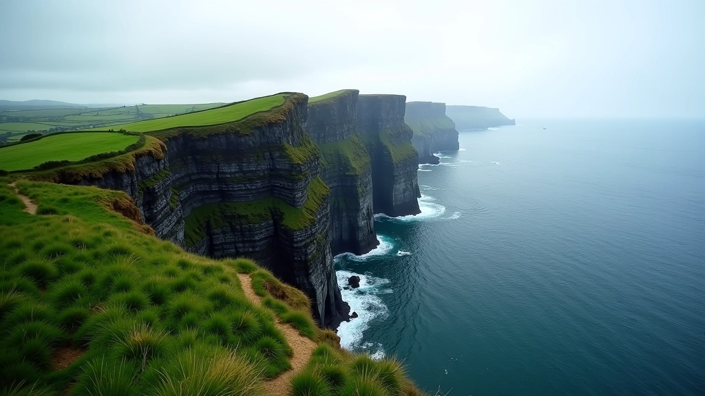 Scenic Irish coastal landscape with hiking trails winding through green valleys and dramatic cliffs