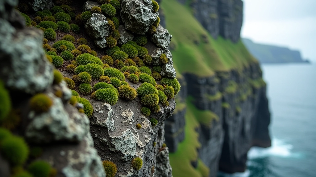Close-up of weathered stone cliff face with natural cracks and geological layers visible, green moss growing on surface, overcast lighting, sharp detail