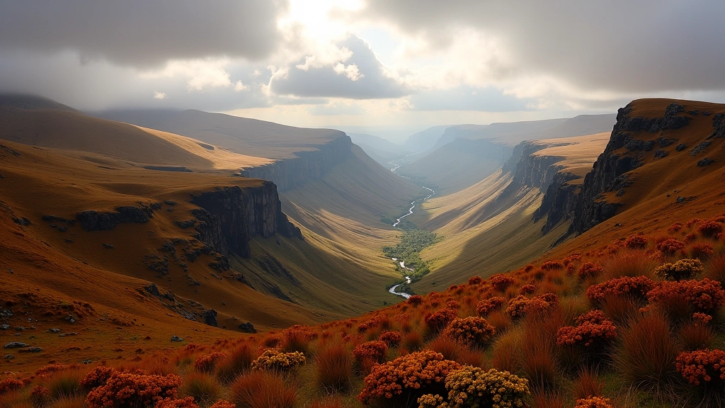 Mountain landscape with golden and orange autumn foliage, valley below, dramatic sky with clouds