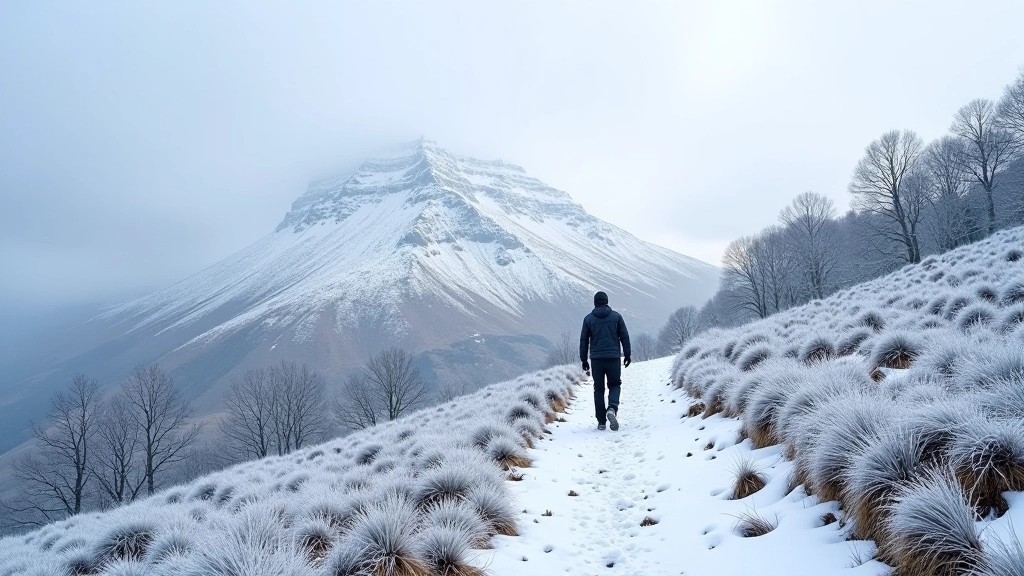 Snowy mountain peak with icy trails, bare trees, grey winter sky, frost-covered vegetation