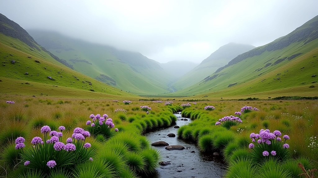Mountain valley in spring with blooming wildflowers, green hillsides, flowing stream in foreground, misty peaks